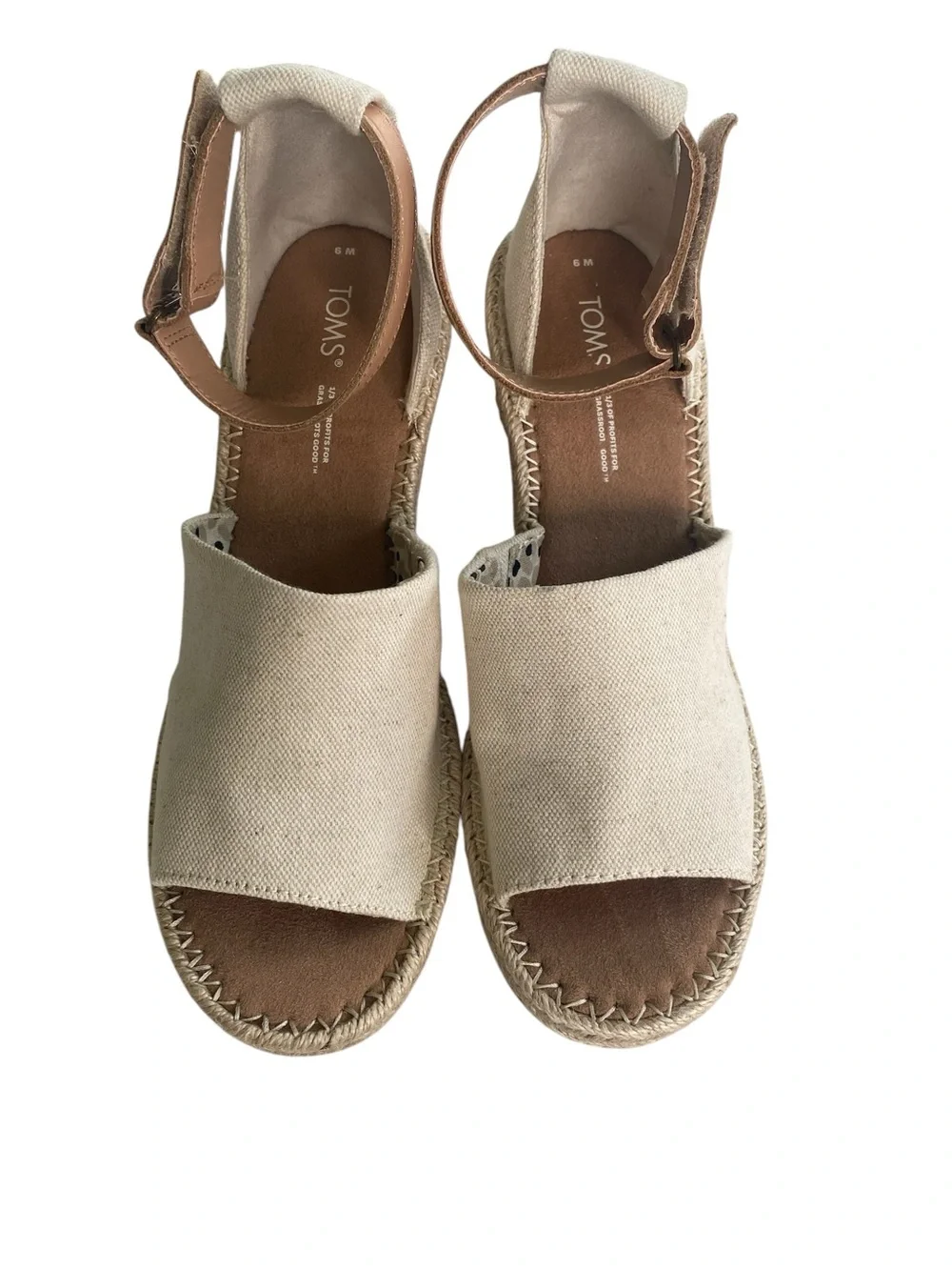 NWOT Toms Canvas Espadrille Wedge Sandals Beige Jute Cord Heels Sz. 9 “Monica”